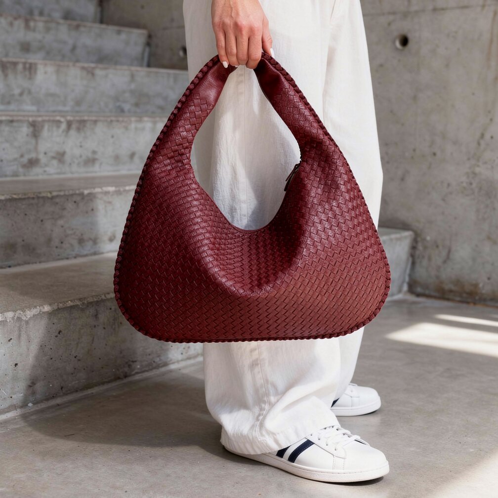 Flettet Læder Hobo Bag med Lynlås | Skuldertaske til Damer | Flechture