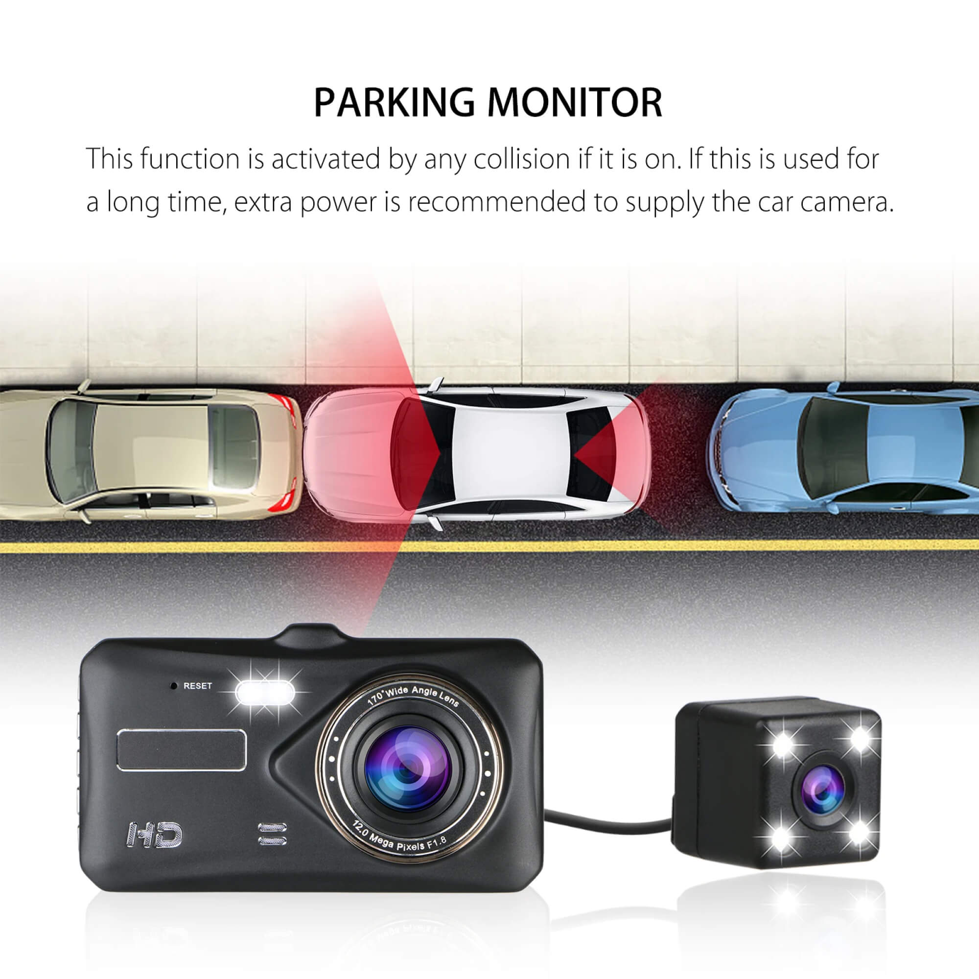 Trådløs Twin Dash Cam Med Front- eller Bagudsigtskamera, 1080p, 4-tommer LCD