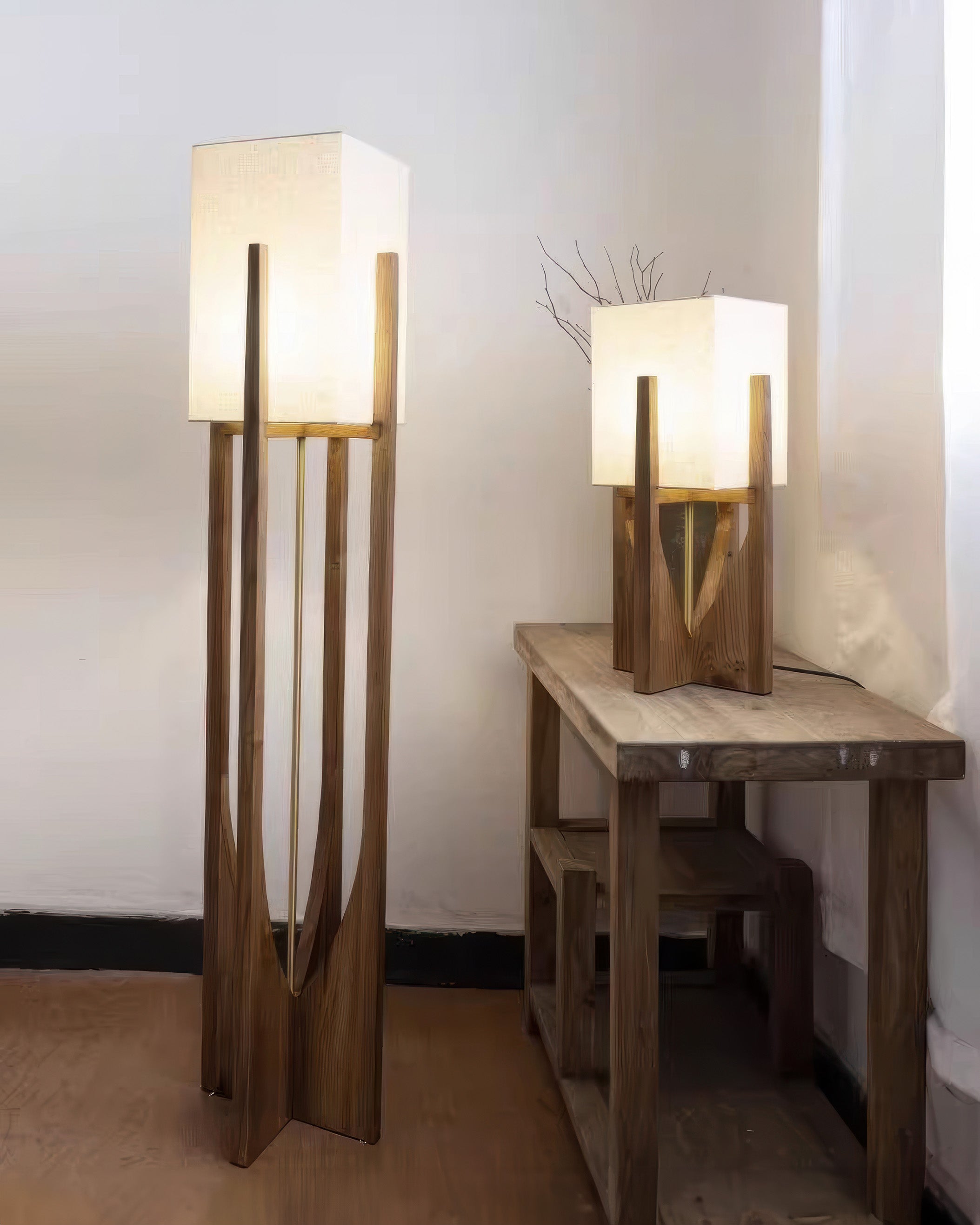 Elegant Japansk Stil Valnød Gulvlampe med LED Lys