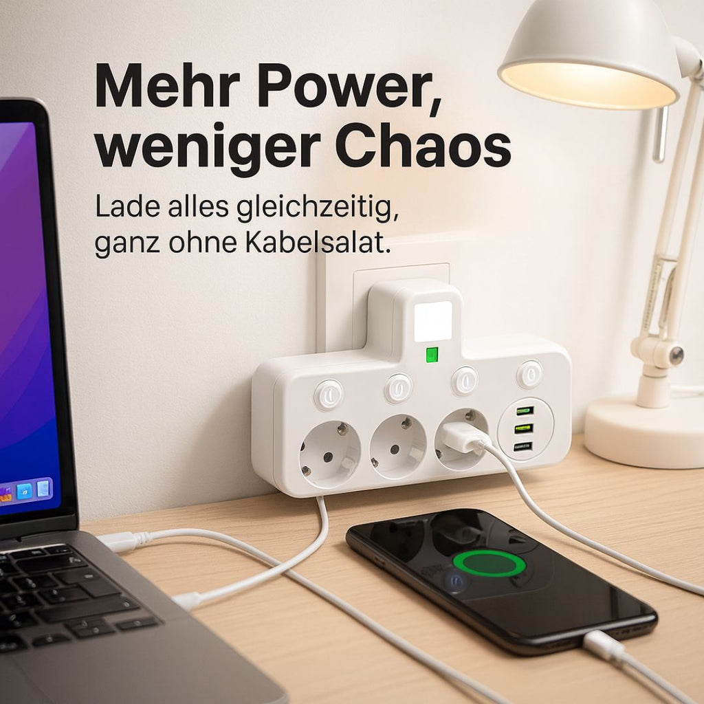 Stikdåse med 3 stik | Multi-stikdåse med USB & kontakt | PowerGrid