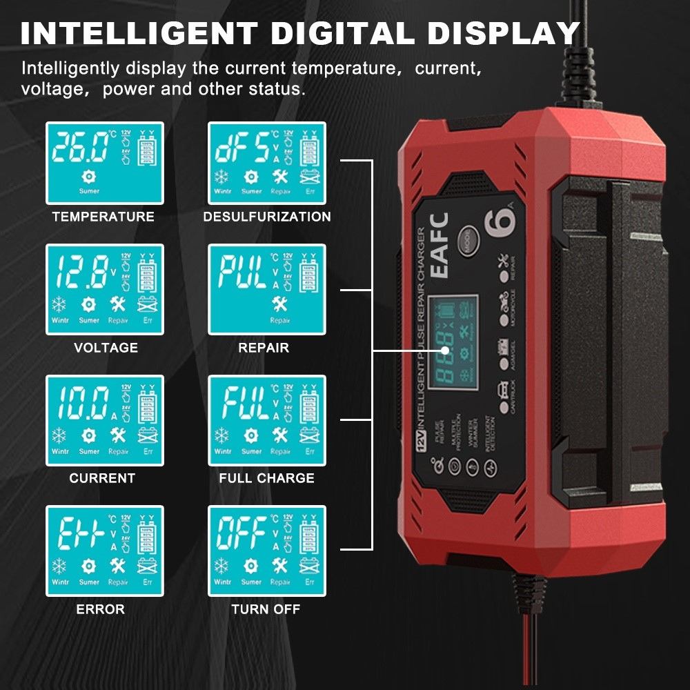 PowerPulse Bilbatterioplader – 12V/24V, Pulsreparation, LCD-display