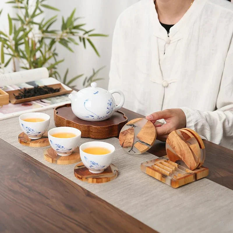 Sæt af Solid Træ Coastere med Japanske Design Accenter