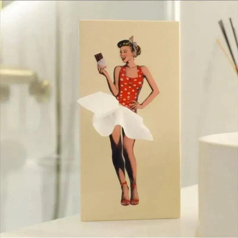 Kevara Mindeske Tissueskasse med Vintage Pin-Up Kjole Designs i Træfinish