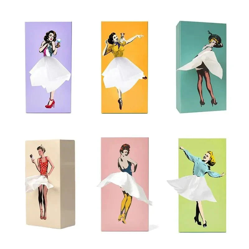 Kevara Mindeske Tissueskasse med Vintage Pin-Up Kjole Designs i Træfinish