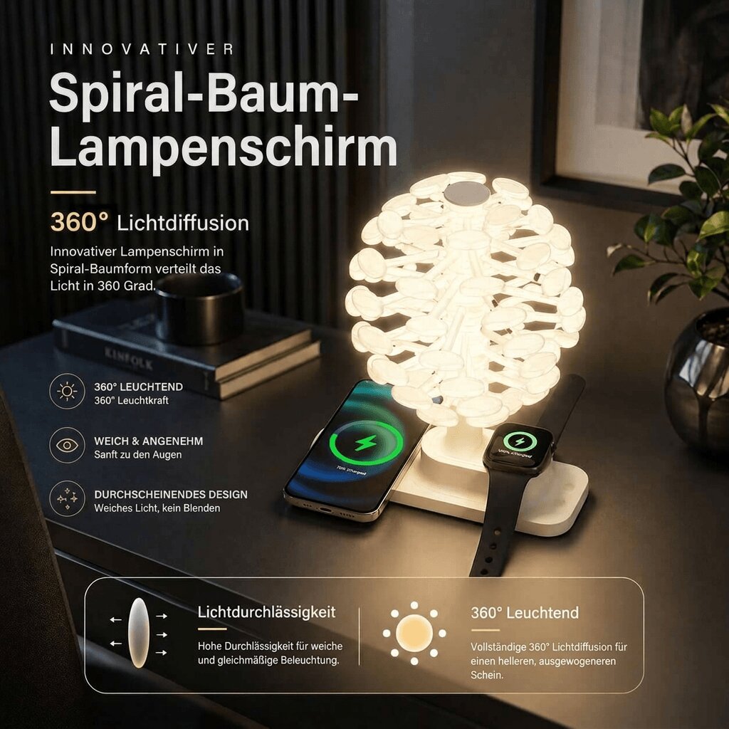 Bordlampe med oplader | RGB ambient lys | Spiraltræ design | Spiralhave