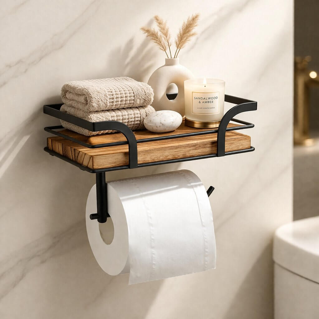 Væghylde med toiletpapirholder til badeværelse | Badevæghylde i metal og træ | Nordvero