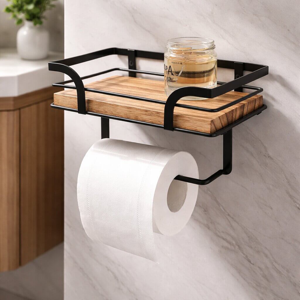 Væghylde med toiletpapirholder til badeværelse | Badevæghylde i metal og træ | Nordvero