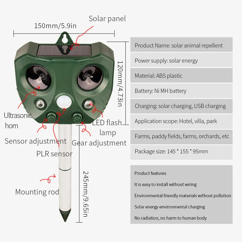 Solar Ultrasonic Dyreafskræmmer - Bevægelsesaktiveret & Vejrbestandig